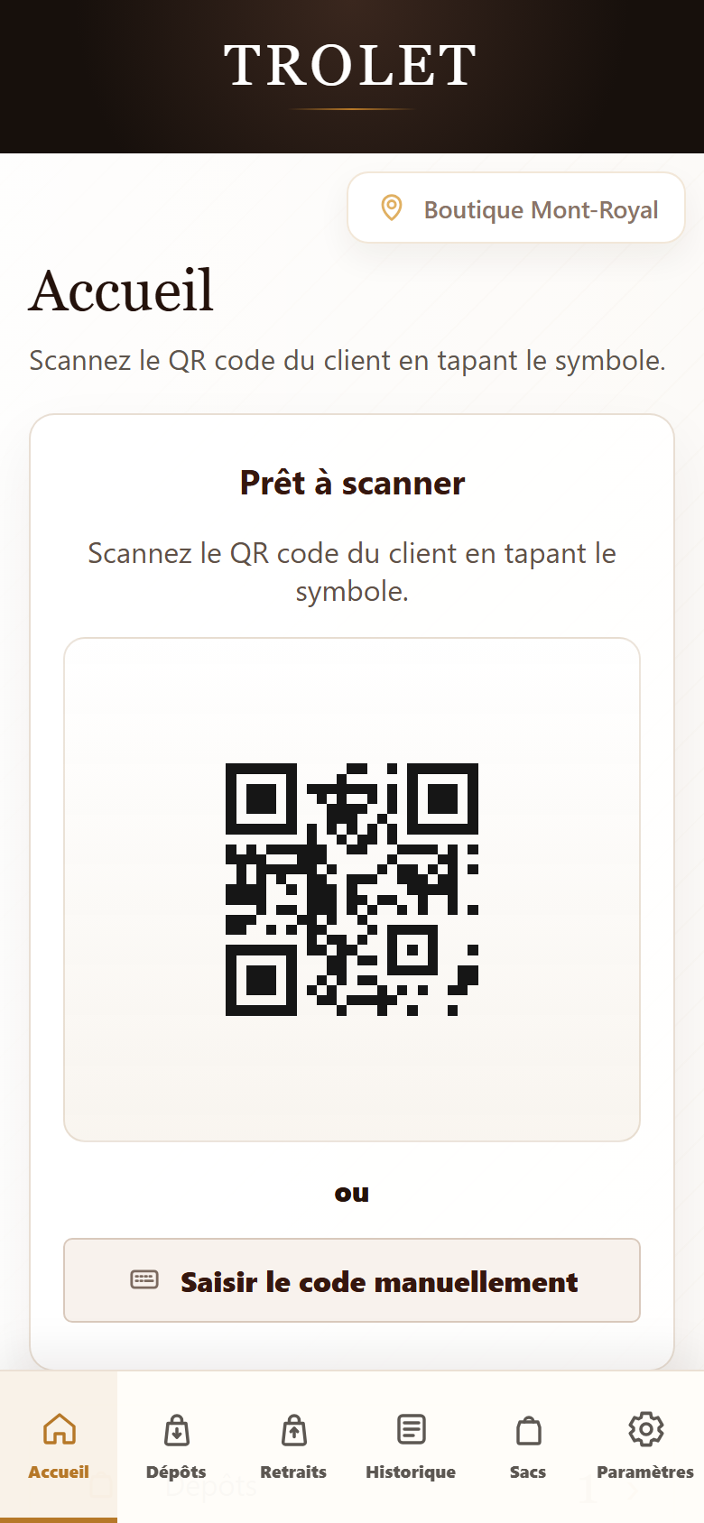 Capture du portail partenaire Trolet avec scanner QR