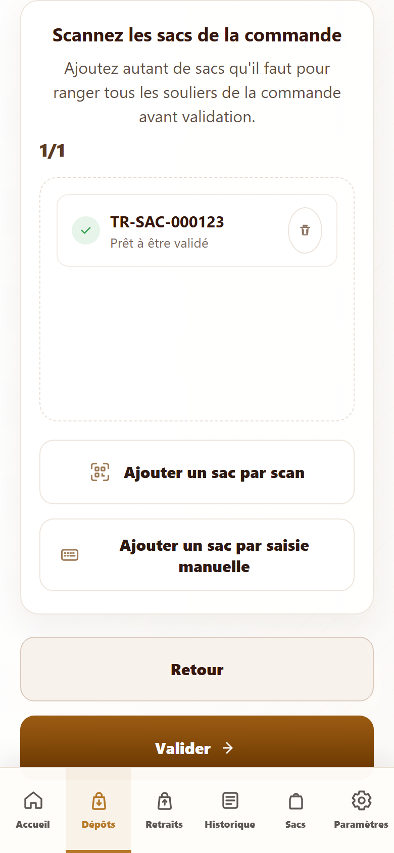 Capture du parcours de dépôt de sacs Trolet